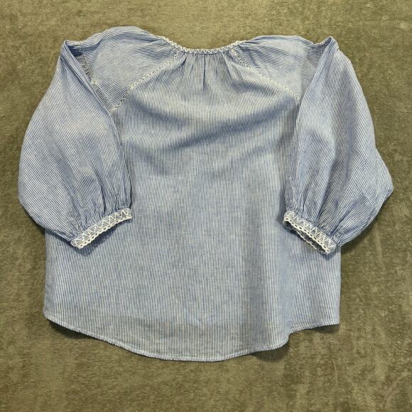 Melissa Nepton Olivia Blue & White Striped Peasant Top XL Crochet Boho Linen - Picture 9 of 10